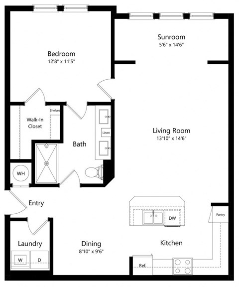 Floor plan for 1 bed, 1 bath, 929 sqft